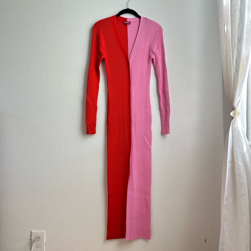 STAUD Pink and Red Shoko Sweater Dress